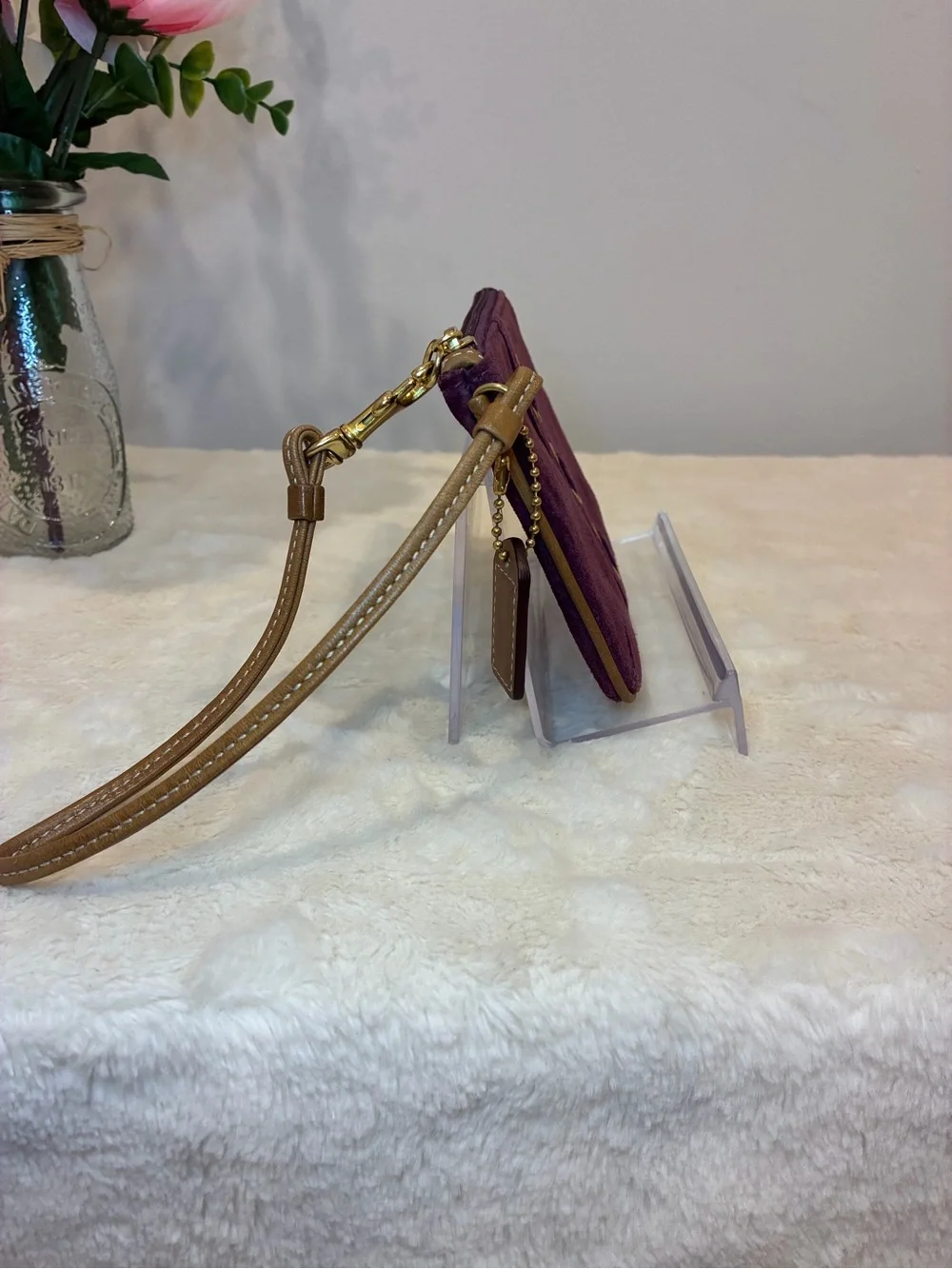 Coach Purple Suede Wristlet Clutch Brown Leather Trim Brass Grommet Y2K Vintage
